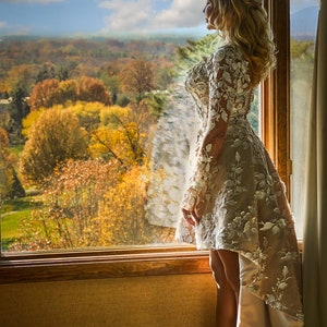 Vestido de novia corto asimétrico en rubor, vestido de novia corto y bajo, vestido de novia Moderno Chic con flores, Vestido de verano de hadas imagen 10