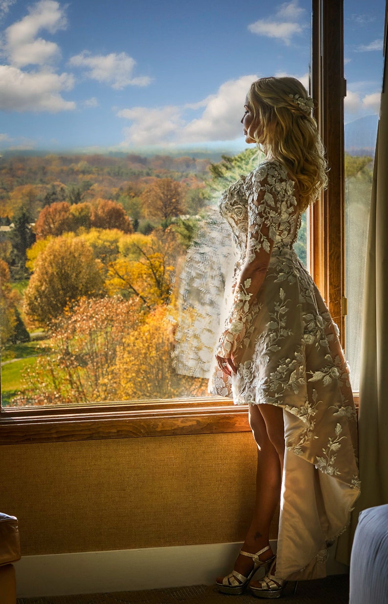 Vestido de novia corto asimétrico en rubor, vestido de novia corto y bajo, vestido de novia Moderno Chic con flores, Vestido de verano de hadas imagen 10