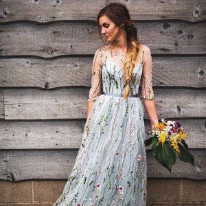 Flower wedding dress in gray, Color wedding dress with sleeves, Embroidery Floral Bridal Gown in grey, Embroidered wedding dress from tulle image 3