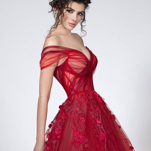 Red princess dress for formal events, Gorgeous prom dress of tulle with A-line silhouette image 7