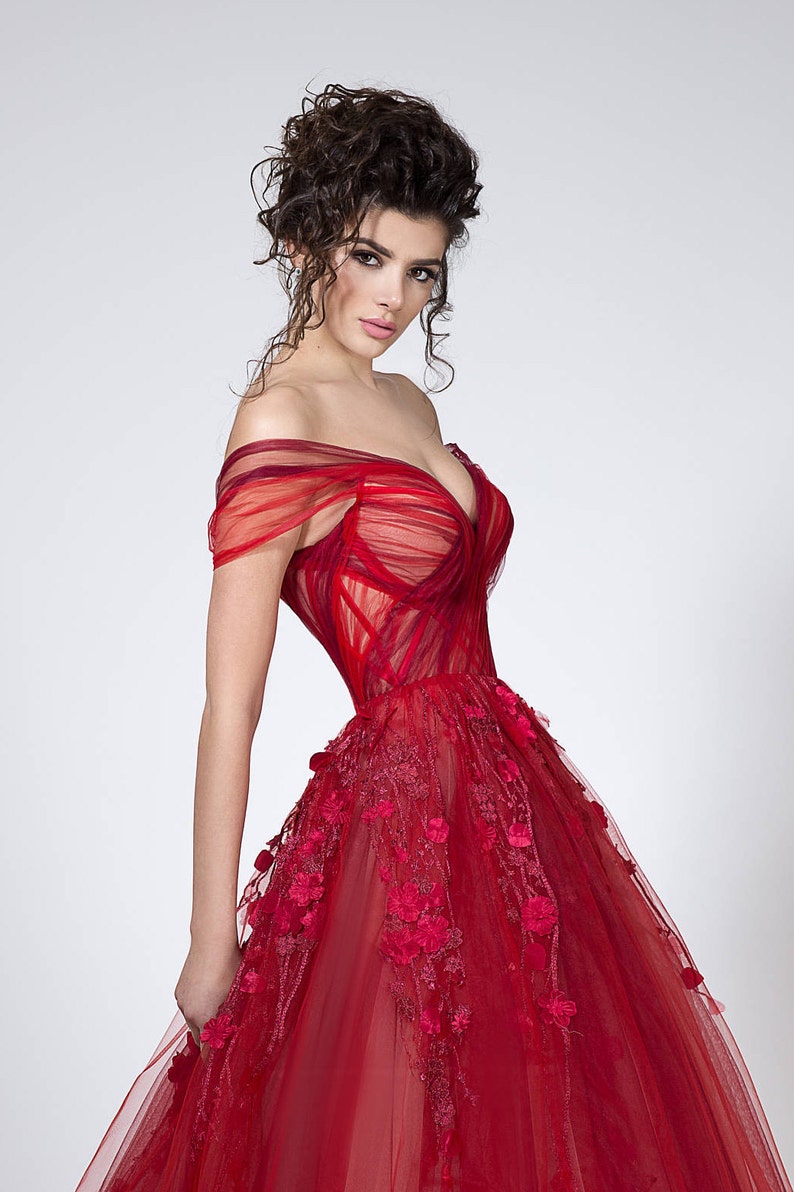 Red princess dress for formal events, Gorgeous prom dress of tulle with A-line silhouette image 7