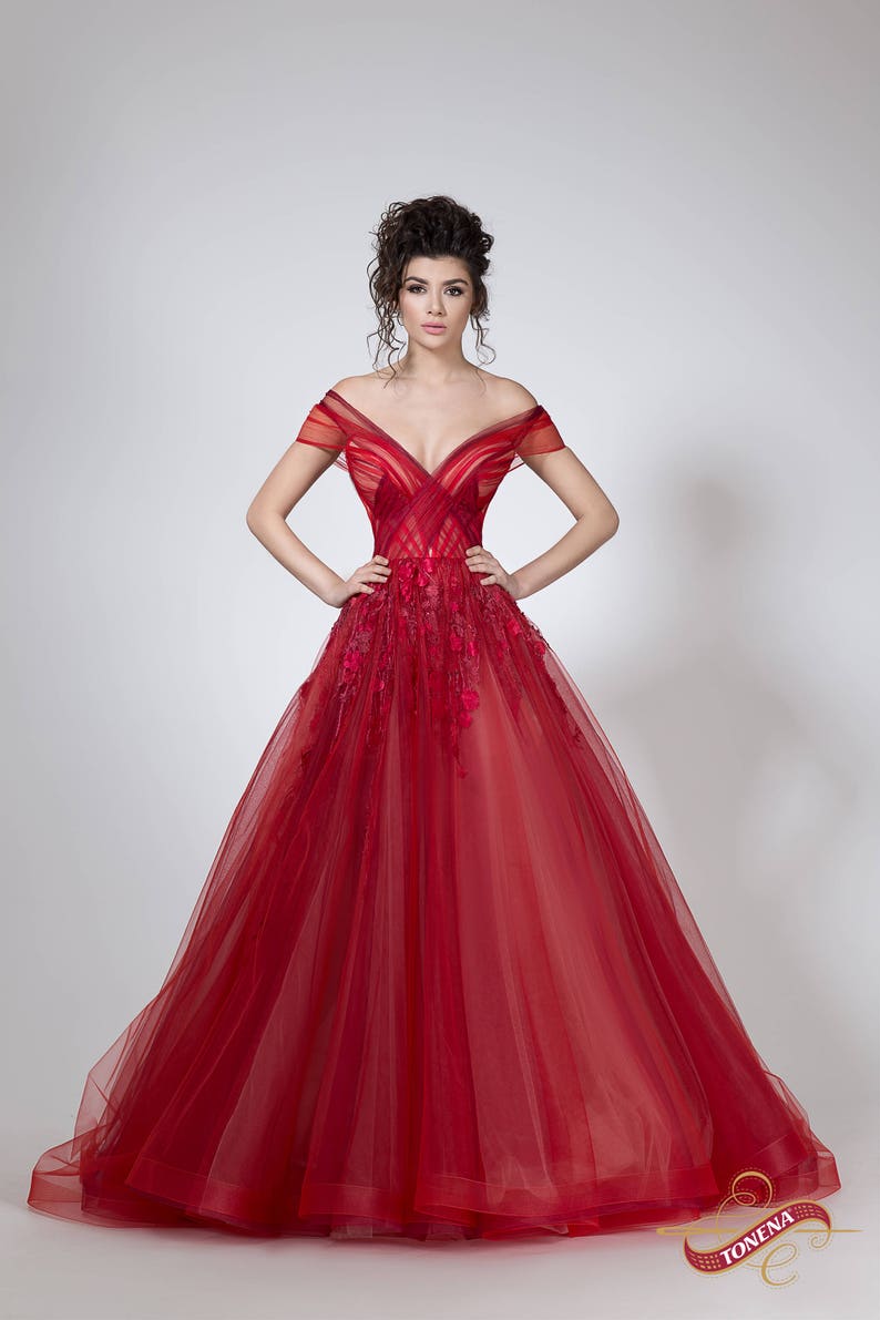 Red princess dress for formal events, Gorgeous prom dress of tulle with A-line silhouette image 4
