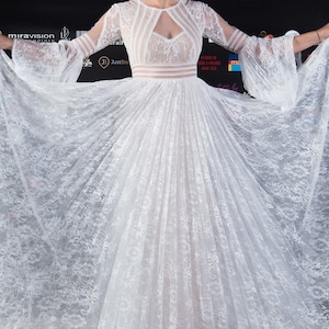 Hippie wedding dress with bell sleeves, Lace bridal gown for country ceremony, Modest and bohemian dress for free spirits