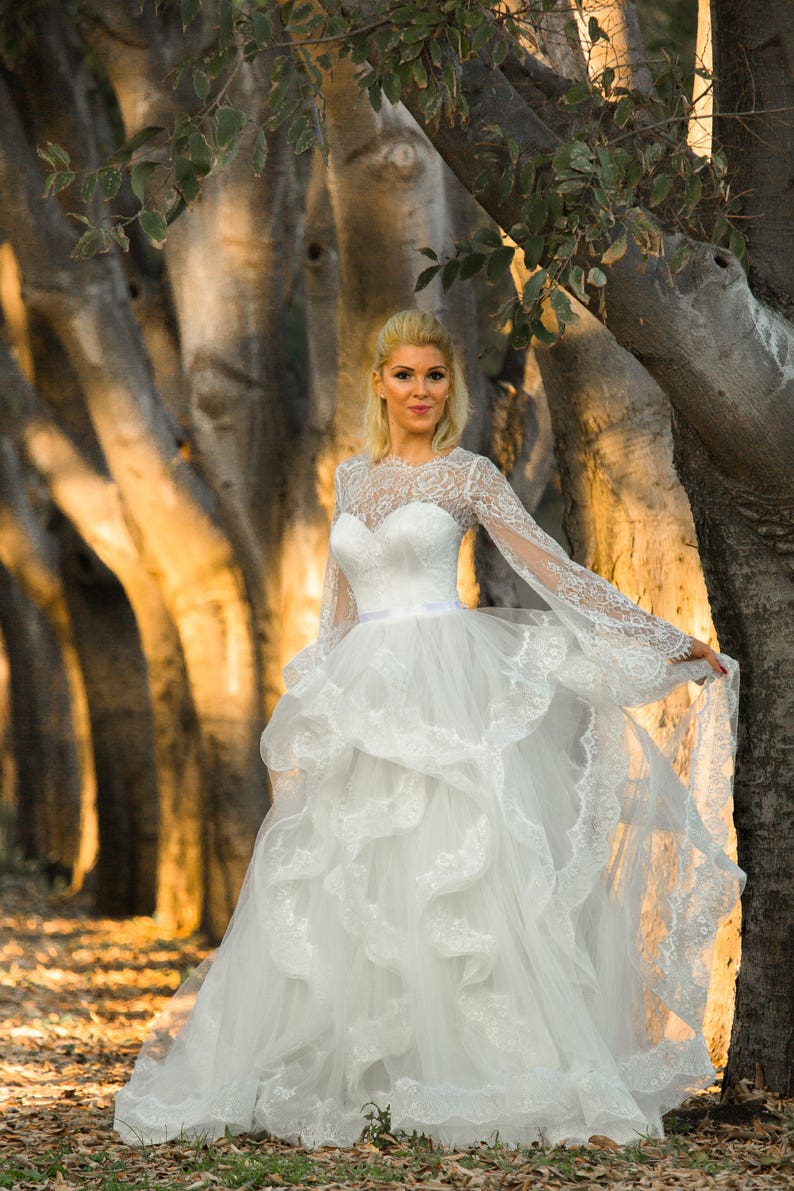 Rustic wedding dress white, Boho chic French wedding dress with bell sleeves from country lace bridal gown image 4