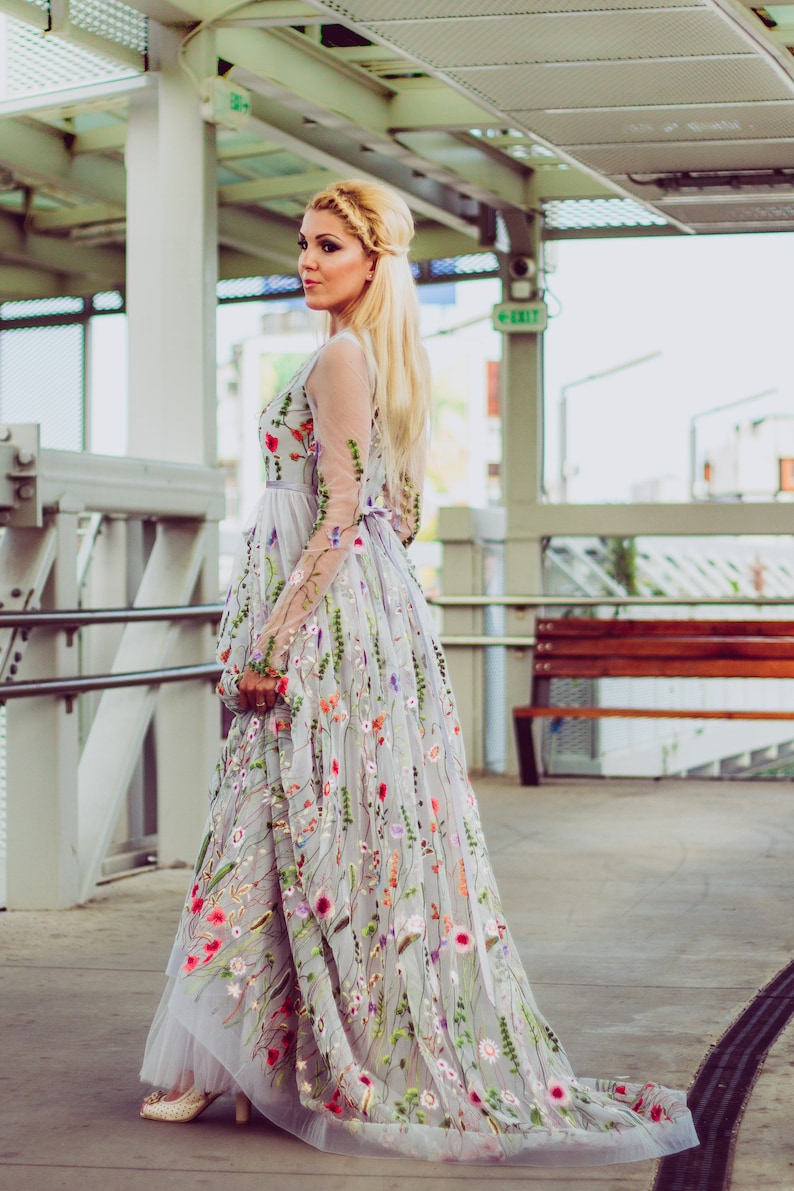 Flower wedding dress in gray, Color wedding dress with sleeves, Embroidery Floral Bridal Gown in grey, Embroidered wedding dress from tulle image 5