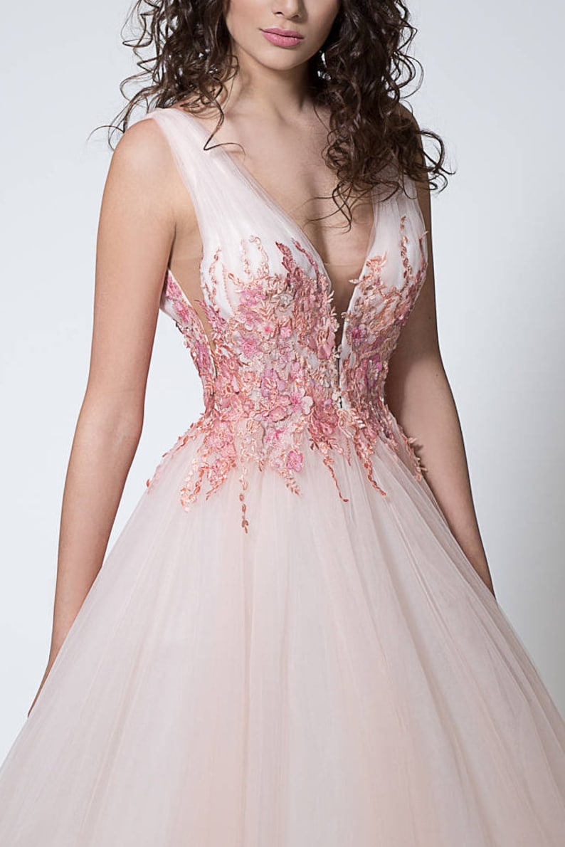 Flower Wedding Dress in Peach Color Wedding Gown Wedding | Etsy