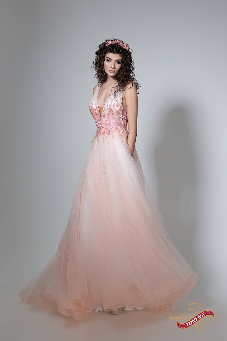 peach long gown for wedding