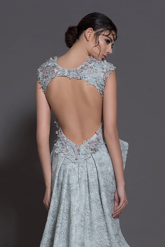 Gray backless wedding dress, Alternative wedding dress with open back, Unique wedding gown, Handmade designer wedding dress in grey