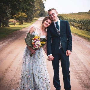 Flower wedding dress in gray, Color wedding dress with sleeves, Embroidery Floral Bridal Gown in grey, Embroidered wedding dress from tulle image 4