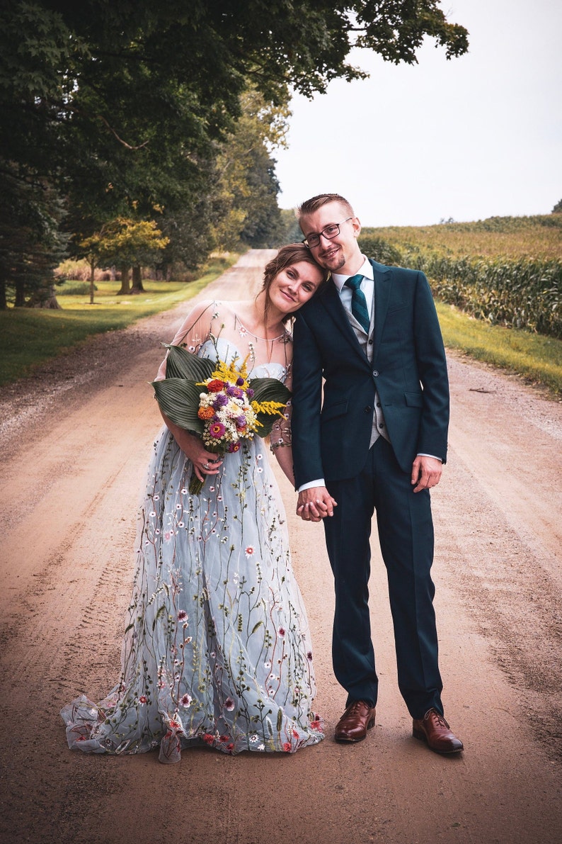 Flower wedding dress in gray, Color wedding dress with sleeves, Embroidery Floral Bridal Gown in grey, Embroidered wedding dress from tulle image 4