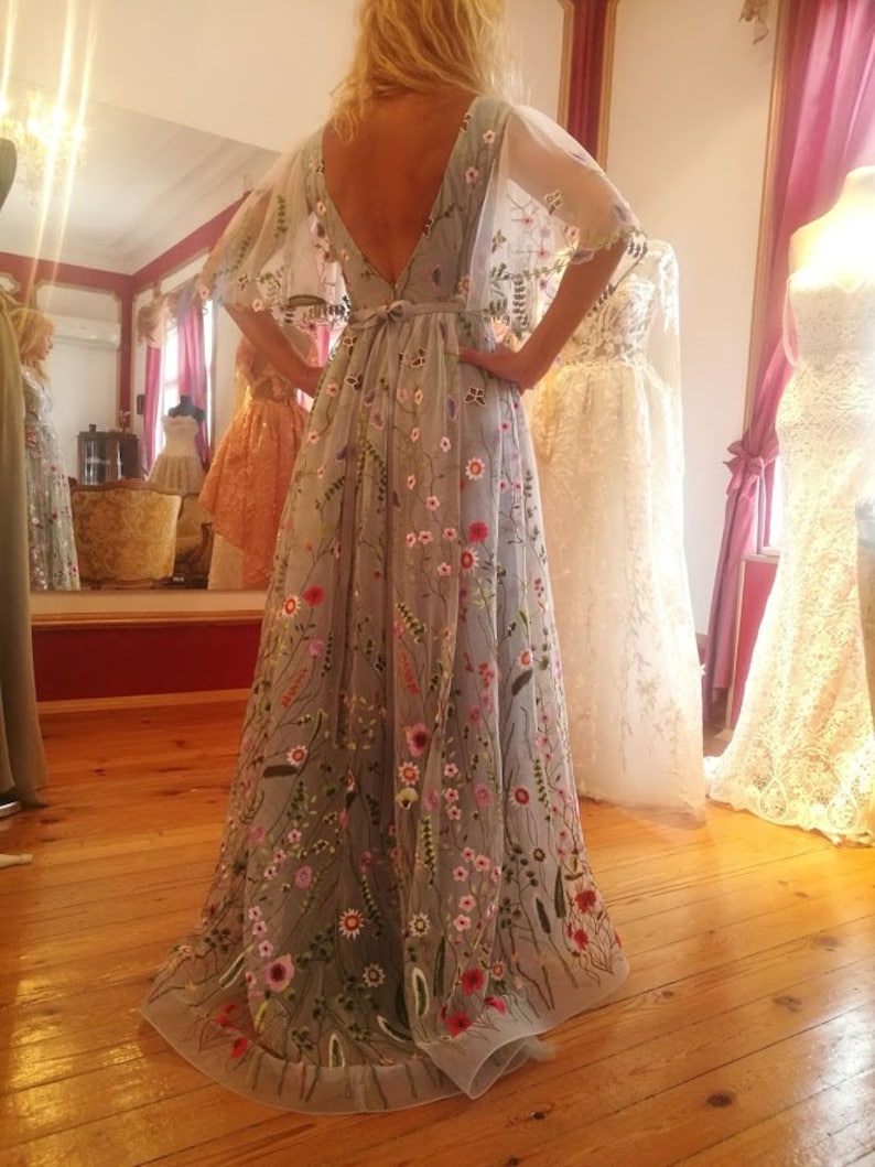 Grey flower wedding dress with butterfly sleeves, Color Elegant Embroidery Lace Floral dress, Embroidered wedding gown with floral elements image 3