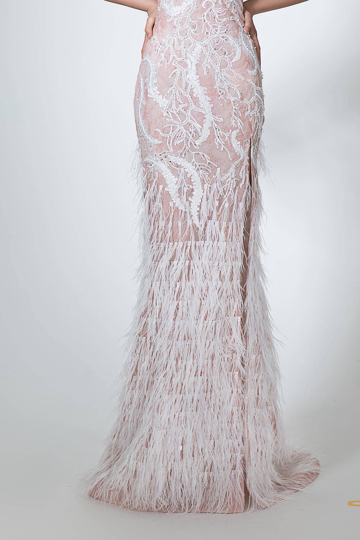 pink wedding dress feathers Pink Rhinestone Chapel Feather Train Mermaid Prom Dress