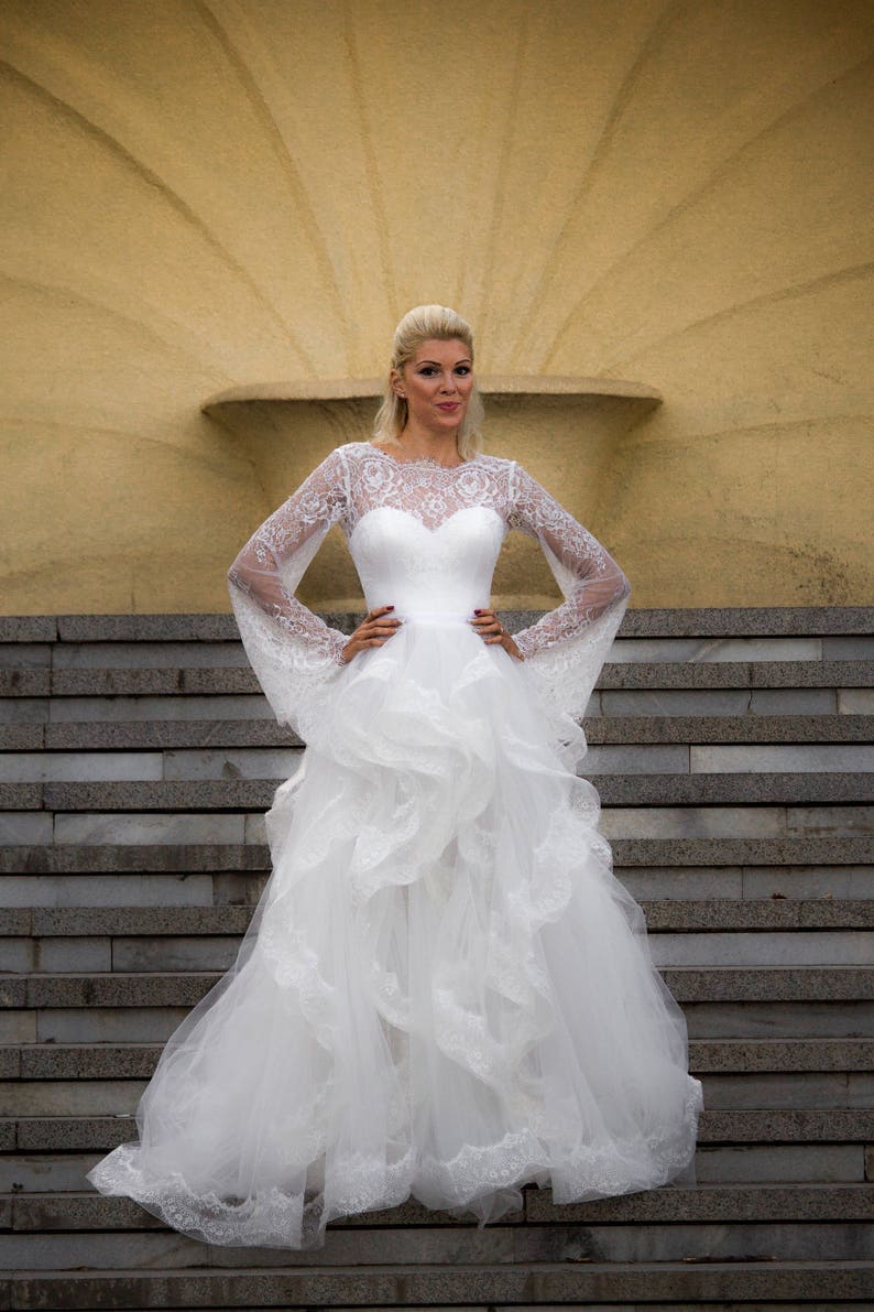 Rustic wedding dress white, Boho chic French wedding dress with bell sleeves from country lace bridal gown image 5