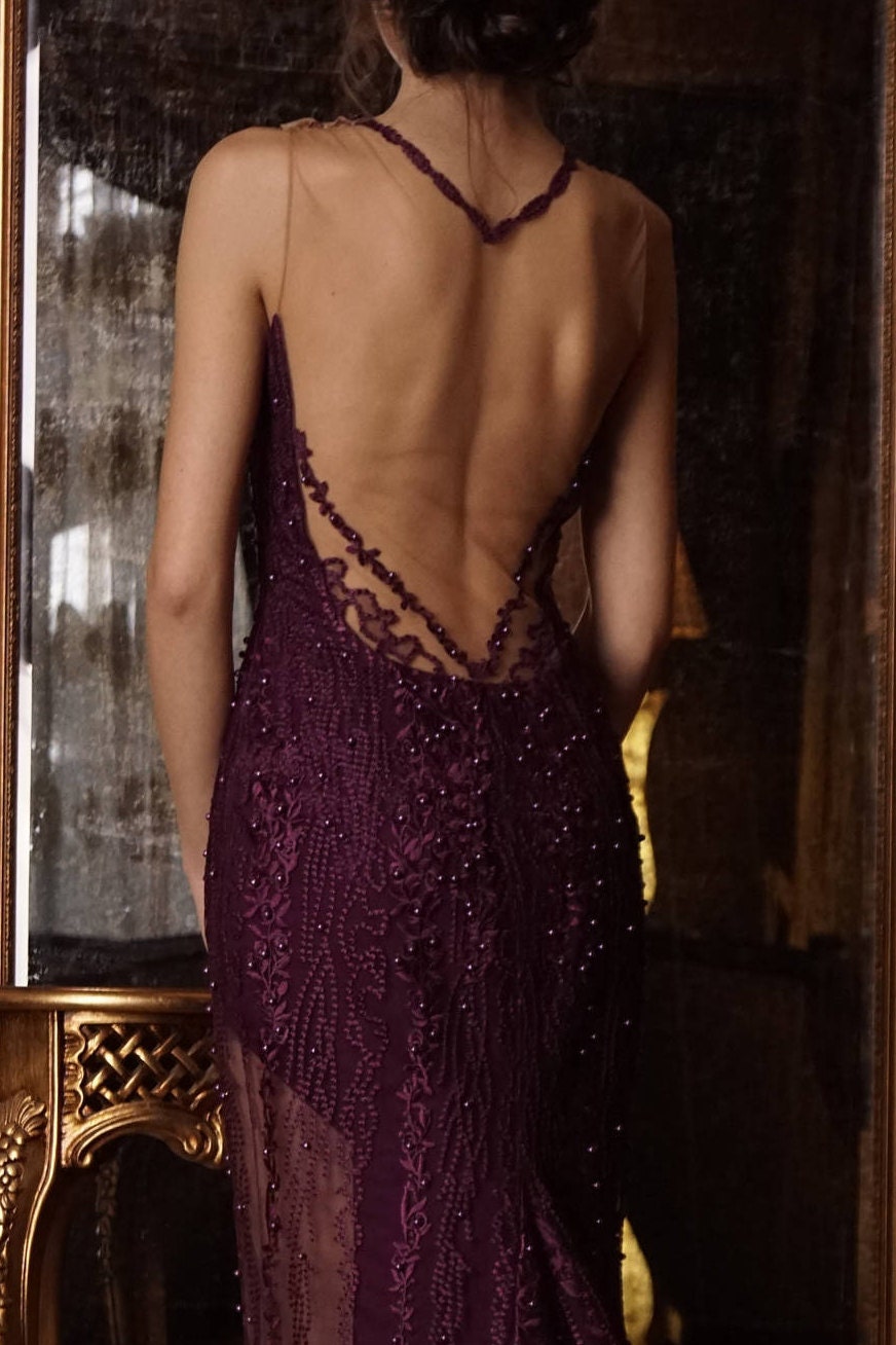 chinese dress ladies Mermaid V-Neck Backless Lilac Prom Dress with Lace PSK678 US8 / Custom Color