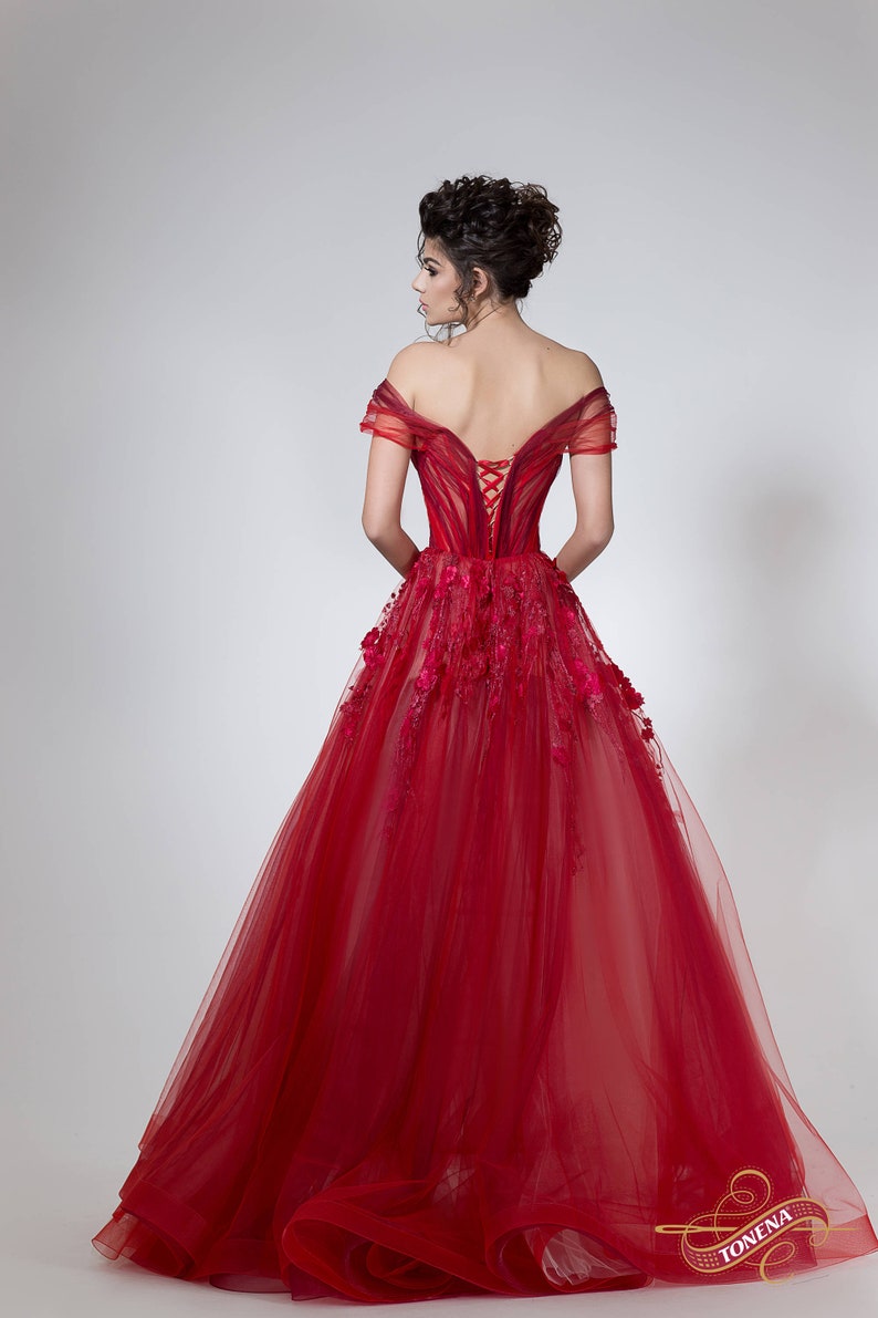 Red princess dress for formal events, Gorgeous prom dress of tulle with A-line silhouette image 2