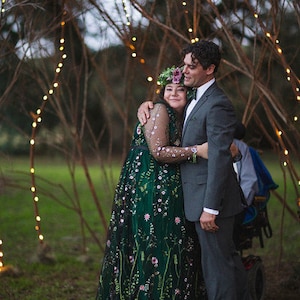 Embroidery Green Floral Wedding Dress Plus Size Embroidered Flower Bridal gown with sleeves, Color wedding dress from tulle image 6