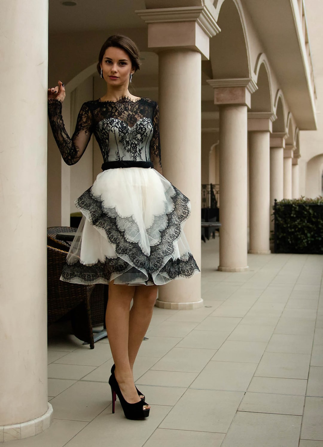 Black and White Wedding Dress, Short Bridal Dress With Lace