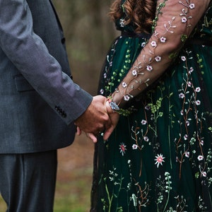 Embroidery Green Floral Wedding Dress Plus Size Embroidered Flower Bridal gown with sleeves, Color wedding dress from tulle image 4