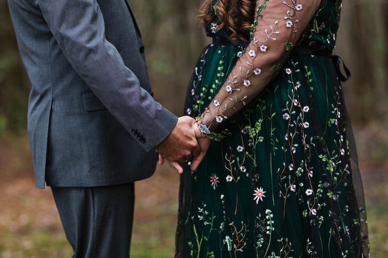 Embroidery Green Floral Wedding Dress Plus Size Embroidered Flower Bridal gown with sleeves, Color wedding dress from tulle image 4