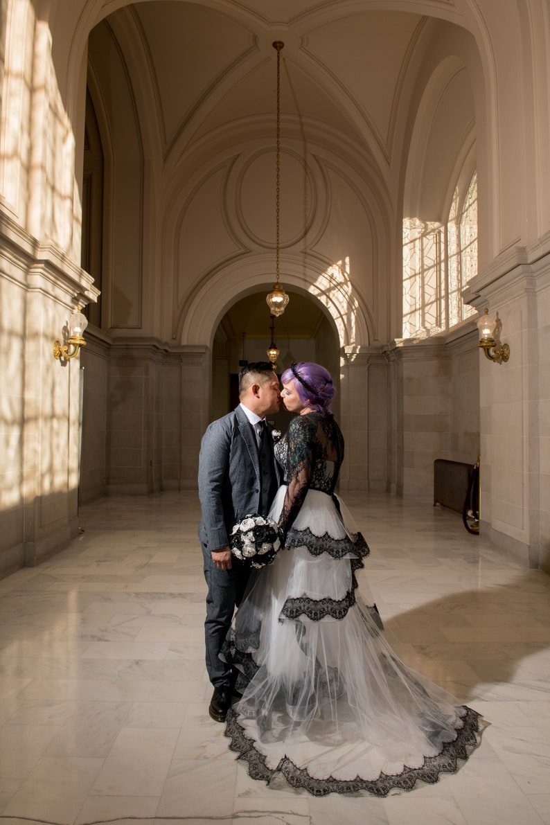 Long bridal dress with black lace, Black and white wedding dress, Sleeved lace wedding dress, French wedding dress from Alencon lace image 5