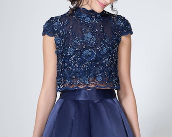 Two Piece Lace and Satin Dress, Navy Blue Evening Dress, Cap Sleeves Prom  Dress, Crop Top and Skirt Set Floral Lace Bodice Long Evening Gown - Etsy