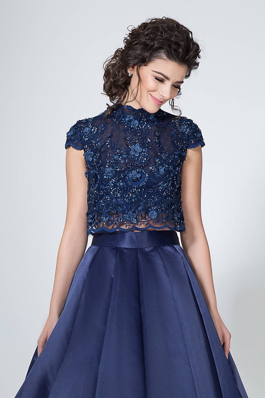Tonena Two Piece Lace and Satin Dress Navy Blue Evening Dress Cap Sleeves Prom Dress Crop Top and Skirt Set Floral Lace Bodice Long Evening Gown