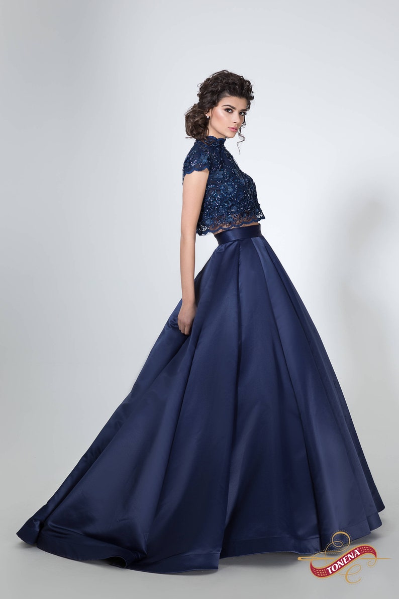Navy Blue Lace Prom Dresses