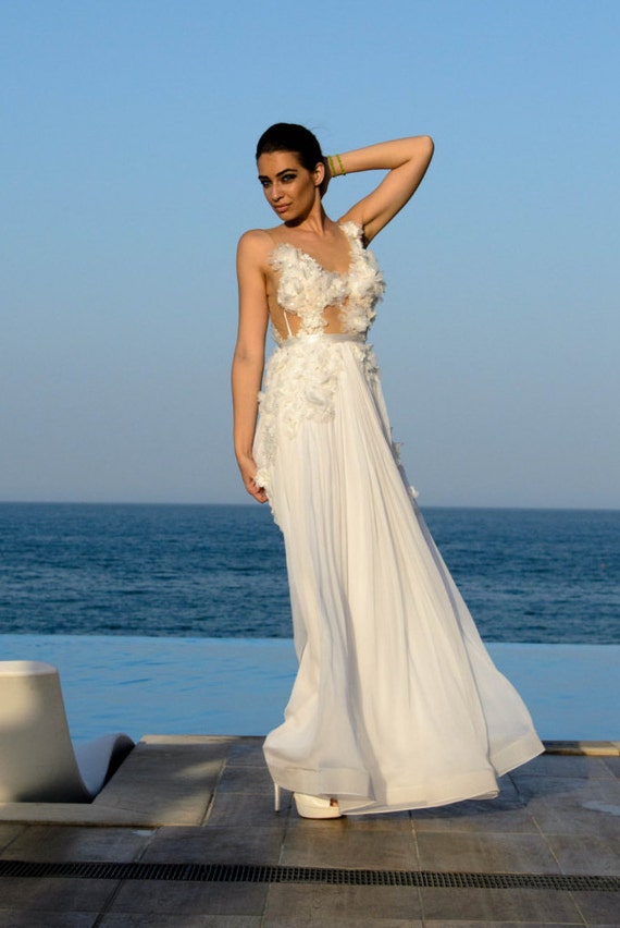 sachin and babi light blue dress Charming See Through Applique Top Chiffon Beach Wedding Dresses, AB116 –  AlineBridal
