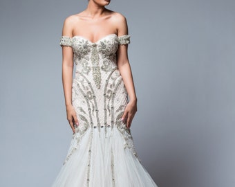 Robe de mariée cristal en ivoire, robe de mariage longue Couture, occasion couleur robe de mariée avec perles, robe de mariée perlée de tulle