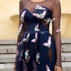 May include: A navy blue tulle dress with long sheer sleeves and embroidered floral designs. The dress has a fitted bodice and a flowing skirt.