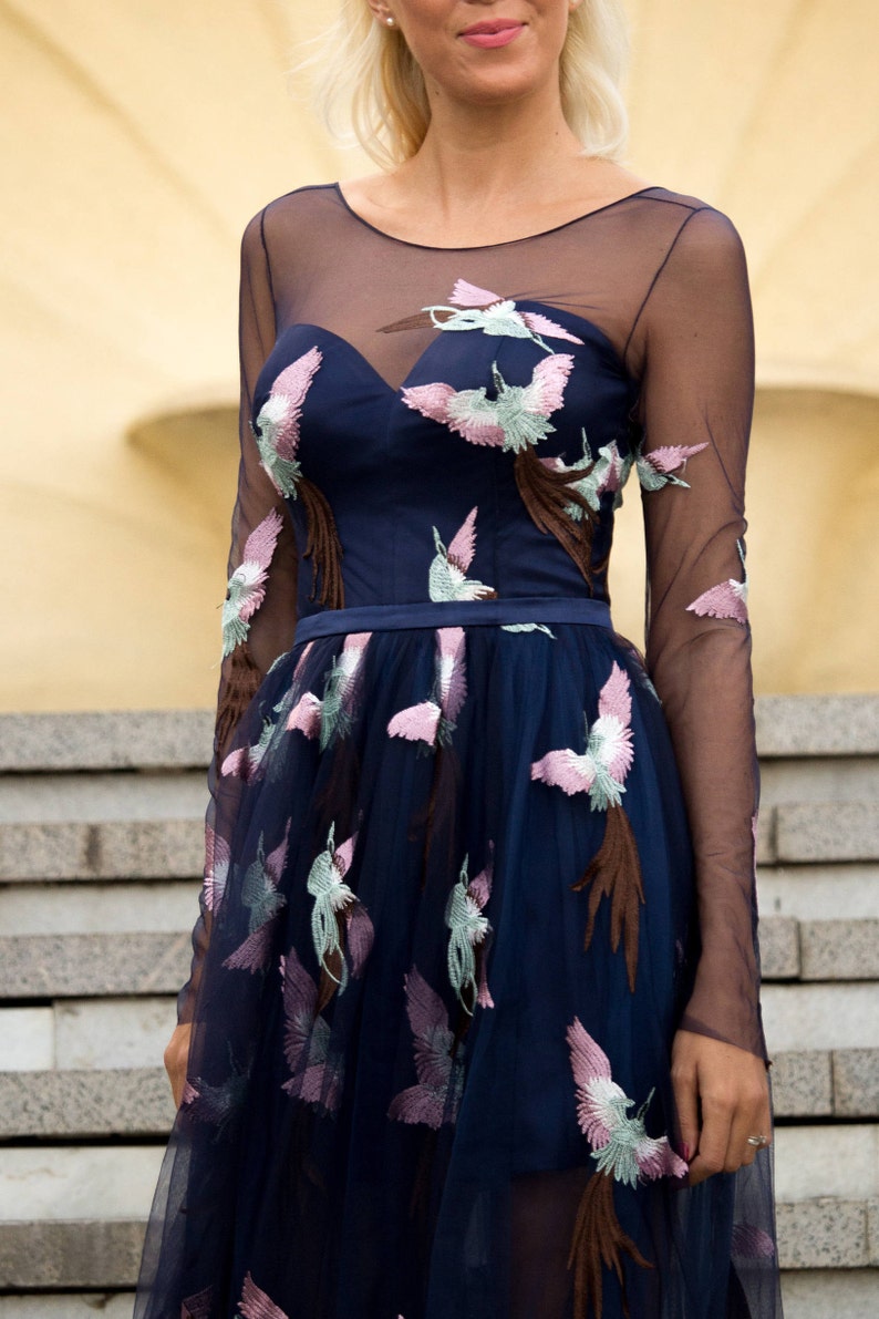 May include: A navy blue tulle dress with long sheer sleeves and embroidered floral designs. The dress has a fitted bodice and a flowing skirt.