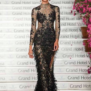 Black Wedding Dress, Unique long bridal gown of lace, Haute Couture dresses for women, Romantic & Boho wedding dress