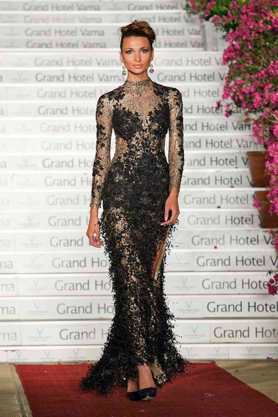 gorgeous black dress Gorgeous Black Long Off-the-shoulder Lace Sequined Evening Dresses With Slit