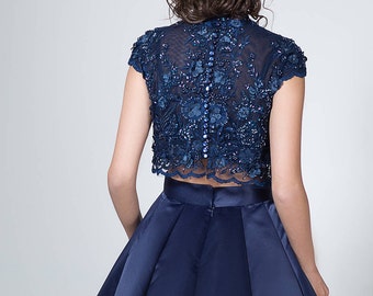 Two Piece Lace and Satin Dress, Navy Blue Evening Dress, Cap Sleeves Prom Dress, Crop Top and Skirt Set Floral Lace Bodice Long Evening Gown