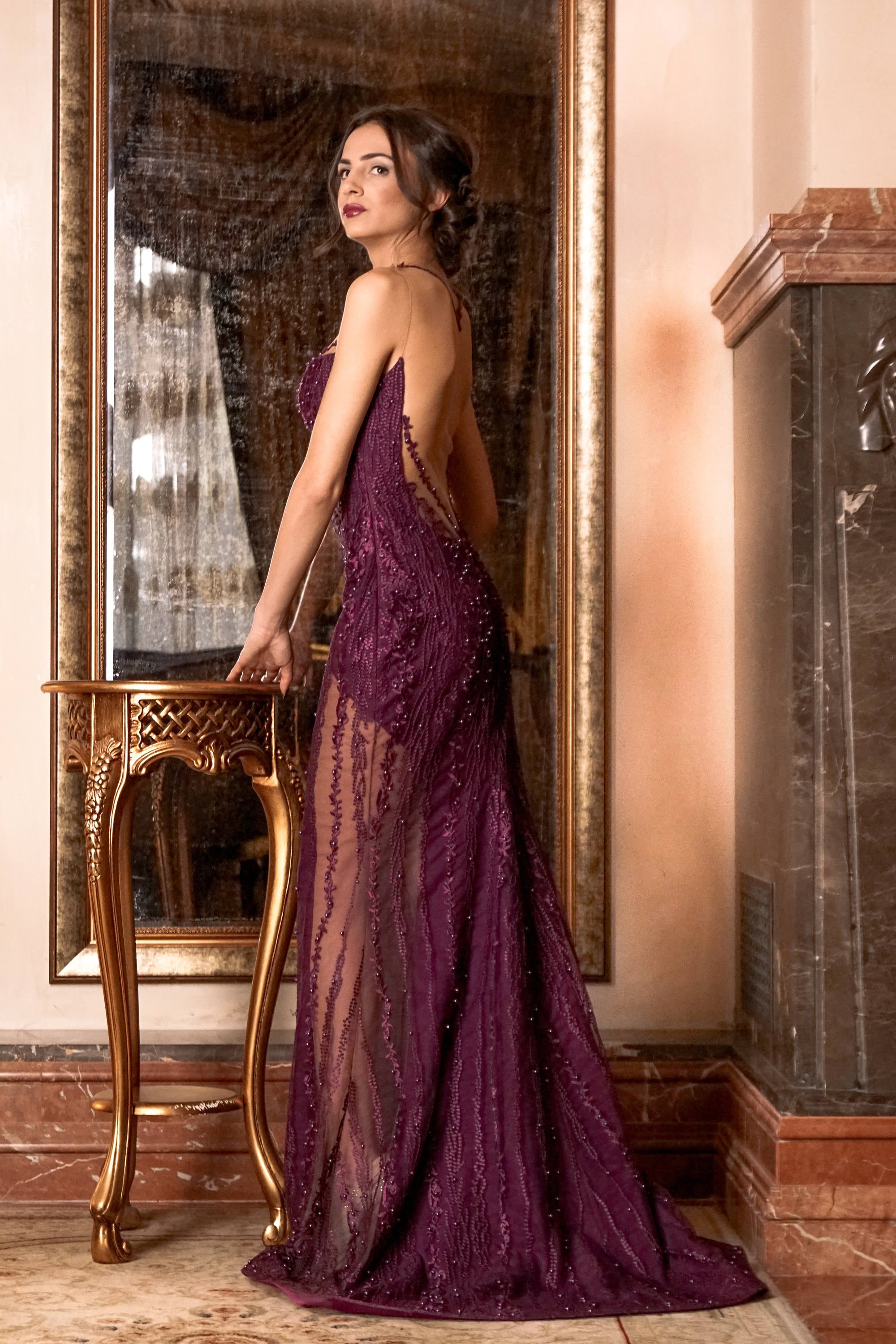 overstock dresses evening Burgundy v neck tulle lace long prom dress, burgundy evening dress – shdress main image 0