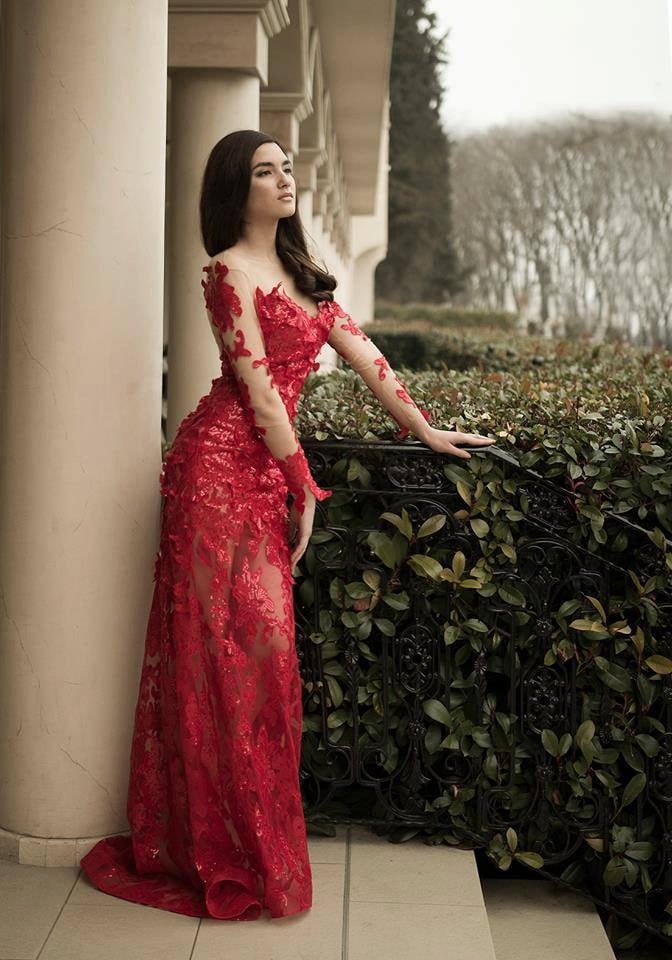 open lace back dress Glamorous Red Mermaid Long Prom Dress with Train,Red Reception Dress Y –  Simplepromdress main image 0