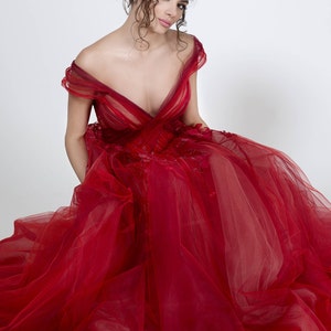 Red princess dress for formal events, Gorgeous prom dress of tulle with A-line silhouette image 6