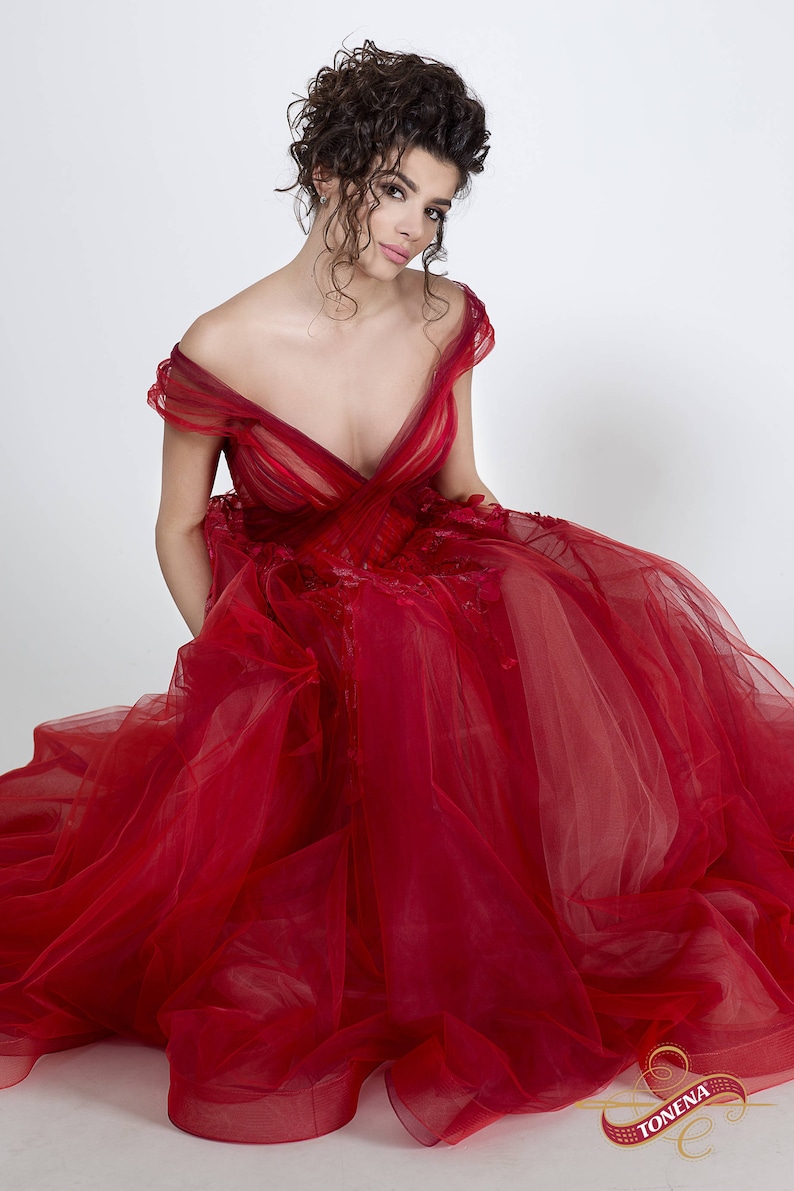 Red princess dress for formal events, Gorgeous prom dress of tulle with A-line silhouette image 6