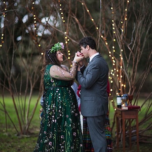 Embroidery Green Floral Wedding Dress Plus Size Embroidered Flower Bridal gown with sleeves, Color wedding dress from tulle image 7