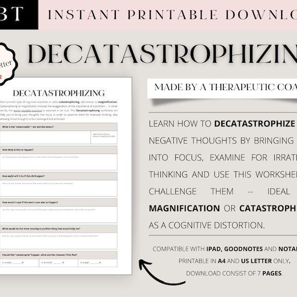 CBT DECATASTROPHIZING WORKSHEET -- Cognitive restructuring/ Unhelpful thinking styles/ Thought processing/ Therapy Counseling Aid