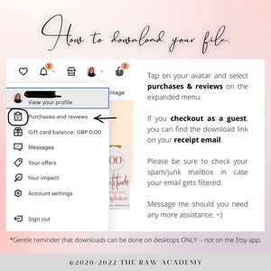 Pu&ograve; includere: Uno screenshot di uno schermo di computer che mostra le istruzioni su come scaricare un file digitale acquistato su Etsy. Le istruzioni dicono di toccare il tuo avatar e selezionare "acquisti e recensioni" nel menu espanso. Dice anche che se hai effettuato l'acquisto come ospite, puoi trovare il link per il download nella tua email di ricevuta. Le istruzioni dicono anche di controllare la tua casella di posta spam/junk nel caso in cui la tua email venga filtrata. Le istruzioni terminano con un promemoria che i download possono essere effettuati solo su desktop, non sull'app Etsy.