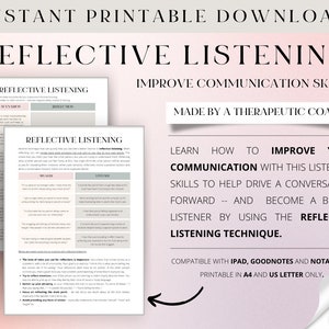 May include: Printable guide with the title "Reflective Listening" to help improve communication skills. The guide includes scenarios and reflections for both the speaker and listener. Made by a therapeutic coach. Compatible with iPad, Goodnotes and Notability. Printable in A4 and US Letter only. 8 pages.