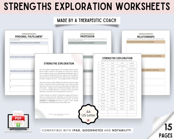 STRENGTHS EXPLORATION WORKSHEETS -- Personal Beliefs | Core Values Qualities | Solution Focus sfbt | Psychotherapy Tool | Mental Health Aid