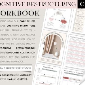 Könnte beinhalten: Ein rosa-weißes Arbeitsbuch mit dem Titel "Cognitive Restructuring Workbook" und dem Text "CBT" in Schwarz oben rechts. Das Arbeitsbuch dient dazu zu verstehen, wie Kernüberzeugungen kognitive Verzerrungen erzeugen können und wie man diese durch Achtsamkeitskultivierung in Frage stellt. Es wurde von einem therapeutischen Coach erstellt und ist in A4 und US-Letter-Format druckbar.