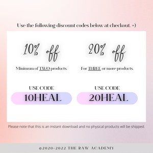 Puede incluir: Un gr&aacute;fico rosa y morado con el texto "Utiliza los siguientes c&oacute;digos de descuento a continuaci&oacute;n en el pago. =)" y dos c&oacute;digos de descuento: 10% de descuento para un m&iacute;nimo de dos productos, usa el c&oacute;digo 10HEAL, y 20% de descuento para tres o m&aacute;s productos, usa el c&oacute;digo 20HEAL.