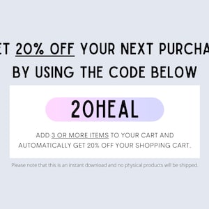 Pu&ograve; includere: Un rettangolo con sfumatura rosa e viola con il testo "20HEAL" in nero. Il testo sotto il rettangolo dice "AGGIUNGI 3 O PI&Ugrave; ARTICOLI AL TUO CARRELLO E OTTIENI AUTOMATICAMENTE IL 20% DI SCONTO SUL TUO CARRELLO DELLA SPESA." Il testo in basso dice "Si prega di notare che questo &egrave; un download istantaneo e non saranno spediti prodotti fisici."