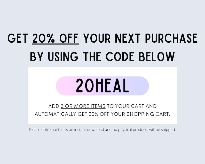 Pu&ograve; includere: Un rettangolo con sfumatura rosa e viola con il testo "20HEAL" in nero. Il testo sotto il rettangolo dice "AGGIUNGI 3 O PI&Ugrave; ARTICOLI AL TUO CARRELLO E OTTIENI AUTOMATICAMENTE IL 20% DI SCONTO SUL TUO CARRELLO DELLA SPESA." Il testo in basso dice "Si prega di notare che questo &egrave; un download istantaneo e non saranno spediti prodotti fisici."