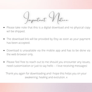 Pu&ograve; includere: Testo Importante Avviso su uno sfondo rosa. Il testo spiega che questo &egrave; un download digitale e che non verr&agrave; spedita alcuna copia fisica. Il link per il download verr&agrave; fornito da Etsy non appena il pagamento sar&agrave; accettato. Il download non &egrave; disponibile tramite l'app mobile e deve essere effettuato tramite il browser web. Il testo incoraggia anche gli acquirenti a contattare il venditore se hanno problemi o domande.