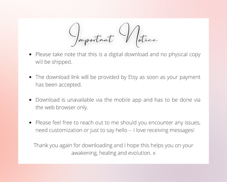Pu&ograve; includere: Testo Importante Avviso su uno sfondo rosa. Il testo spiega che questo &egrave; un download digitale e che non verr&agrave; spedita alcuna copia fisica. Il link per il download verr&agrave; fornito da Etsy non appena il pagamento sar&agrave; accettato. Il download non &egrave; disponibile tramite l'app mobile e deve essere effettuato tramite il browser web. Il testo incoraggia anche gli acquirenti a contattare il venditore se hanno problemi o domande.