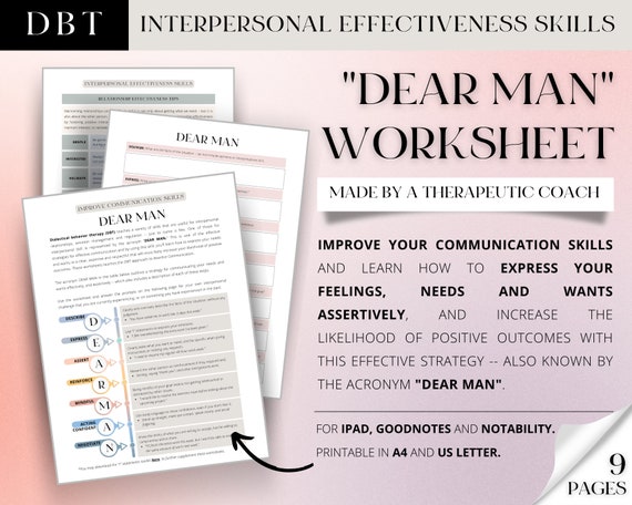 DBT DEAR MAN Worksheets -- Improve interpersonal skills and become an effective, assertive communicator | Counselling, Therapy, Coaching Aid